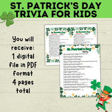 Load image into Gallery viewer, St. Patrick's Day Trivia for Kids | Kids Trivia | St. Patrick's Day Game | St. Patty's Day | Classroom Game | Party Game | Kids Games