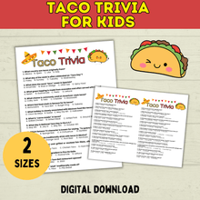 Load image into Gallery viewer, Taco Trivia Game | Taco Party | Fiesta Games | Party Games | Kids Games | Printable Games | Cinco De Mayo Trivia | PDF Download