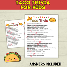 Load image into Gallery viewer, Taco Trivia Game | Taco Party | Fiesta Games | Party Games | Kids Games | Printable Games | Cinco De Mayo Trivia | PDF Download