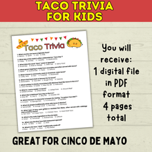 Load image into Gallery viewer, Taco Trivia Game | Taco Party | Fiesta Games | Party Games | Kids Games | Printable Games | Cinco De Mayo Trivia | PDF Download