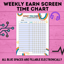 Load image into Gallery viewer, Weekly Earn Screen Time Chart for Kids | Screen Time Chart | TV Chart | Cell Phone Chart | Electronic Chart | Chore Chart | Kids Chart