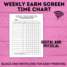 Load image into Gallery viewer, Weekly Earn Screen Time Chart for Kids | Screen Time Chart | TV Chart | Cell Phone Chart | Electronic Chart | Chore Chart | Kids Chart