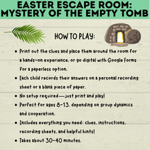 Load image into Gallery viewer, Bible Escape Room | Easter Escape Room | Mystery of the Empty Tomb Escape Room | Printable Escape Room | Easter Games | Escape Room for Kids