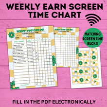 Load image into Gallery viewer, Weekly Earn Screen Time Chart for Kids | Screen Time Chart | TV Chart | Cell Phone Chart | Electronic Chart | Chore Chart | Kids Chart