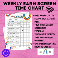 Load image into Gallery viewer, Weekly Earn Screen Time Chart for Kids | Screen Time Chart | TV Chart | Cell Phone Chart | Electronic Chart | Chore Chart | Kids Chart