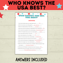 Load image into Gallery viewer, USA Trivia | 4th of July Game | Who Knows the USA Best? | USA Game | Kids Game | Party Game | History Game | 4th of July Trivia | History