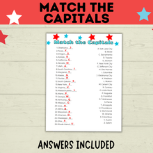 Load image into Gallery viewer, Match the Capitals Game | Party Game | History Game | 4th of July Game | Capital's Game | Geography Game | PDF digital download