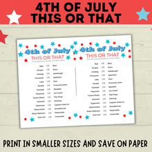 Load image into Gallery viewer, 4th of July Game | 4th of July This or That | 4th of July Party Game | Kids Games | Family Games | Independence Day | 4th of July Printable