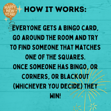 Load image into Gallery viewer, Kid's Bingo | New Year's Eve Bingo | Bingo for Kids | Get to Know you Bingo | Kids Games | New Year's Eve games | Party Games | NYE