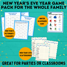 Load image into Gallery viewer, New Year's Eve Game Pack for the Whole Family | New Year's Games | Kids Games | Family Games | New Year's Eve Pictionary | Games for Kids