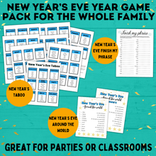Load image into Gallery viewer, New Year's Eve Game Pack for the Whole Family | New Year's Games | Kids Games | Family Games | New Year's Eve Pictionary | Games for Kids