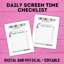 Load image into Gallery viewer, Daily Screen Time Checklist | Checklist for Kids | Screen Time Reward Chart | Chore Chart | TV Chart | Daily Checklist | Fillable PDF