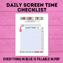 Load image into Gallery viewer, Daily Screen Time Checklist | Checklist for Kids | Screen Time Reward Chart | Chore Chart | TV Chart | Daily Checklist | Fillable PDF