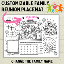 Load image into Gallery viewer, Family Reunion Activity Sheet | Family Reunion Placemat | Family Activity | Family Game | Customizable placemat | Kids Activity Sheet
