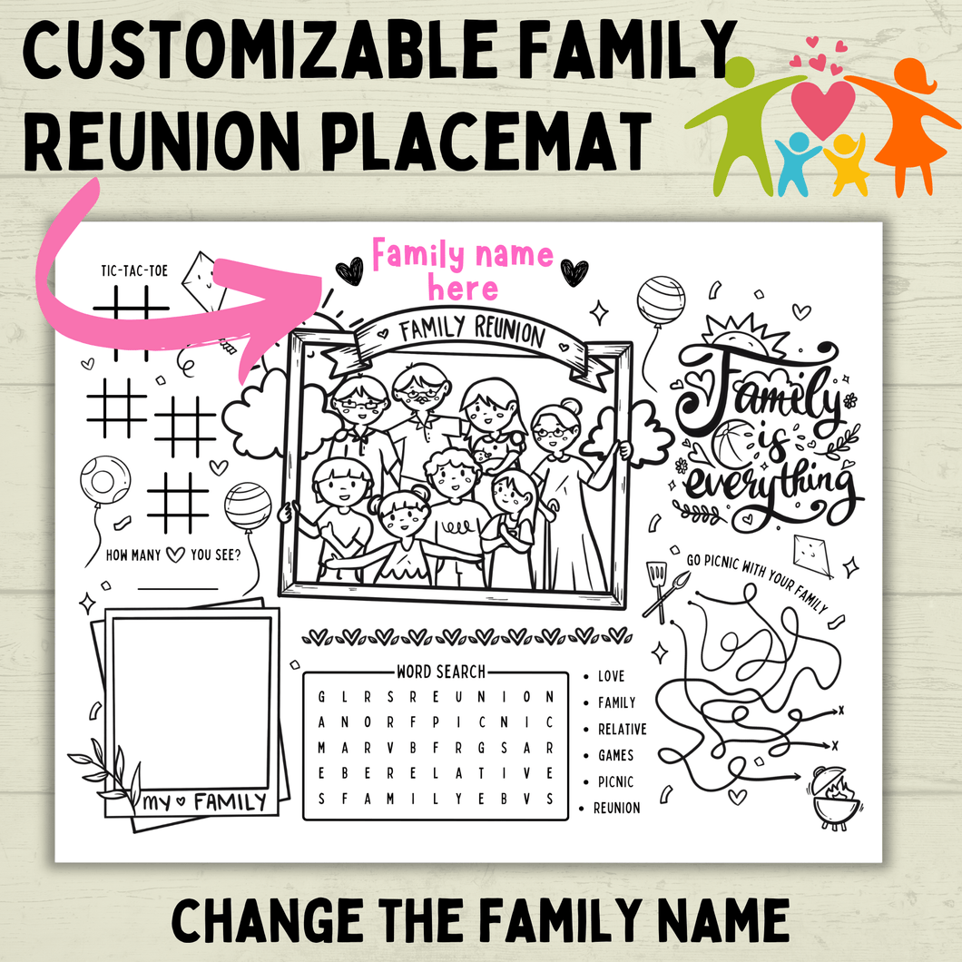 Family Reunion Activity Sheet | Family Reunion Placemat | Family Activity | Family Game | Customizable placemat | Kids Activity Sheet