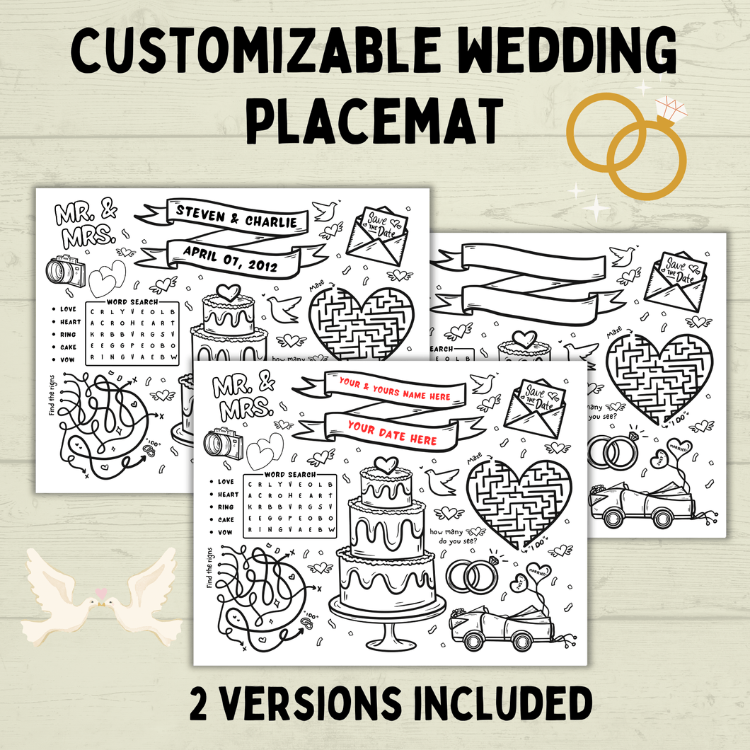 Customizable Wedding Placemat for Kids and Family | Wedding Activity Page | Wedding Placemat | Engagement Activity | Kids Activity |