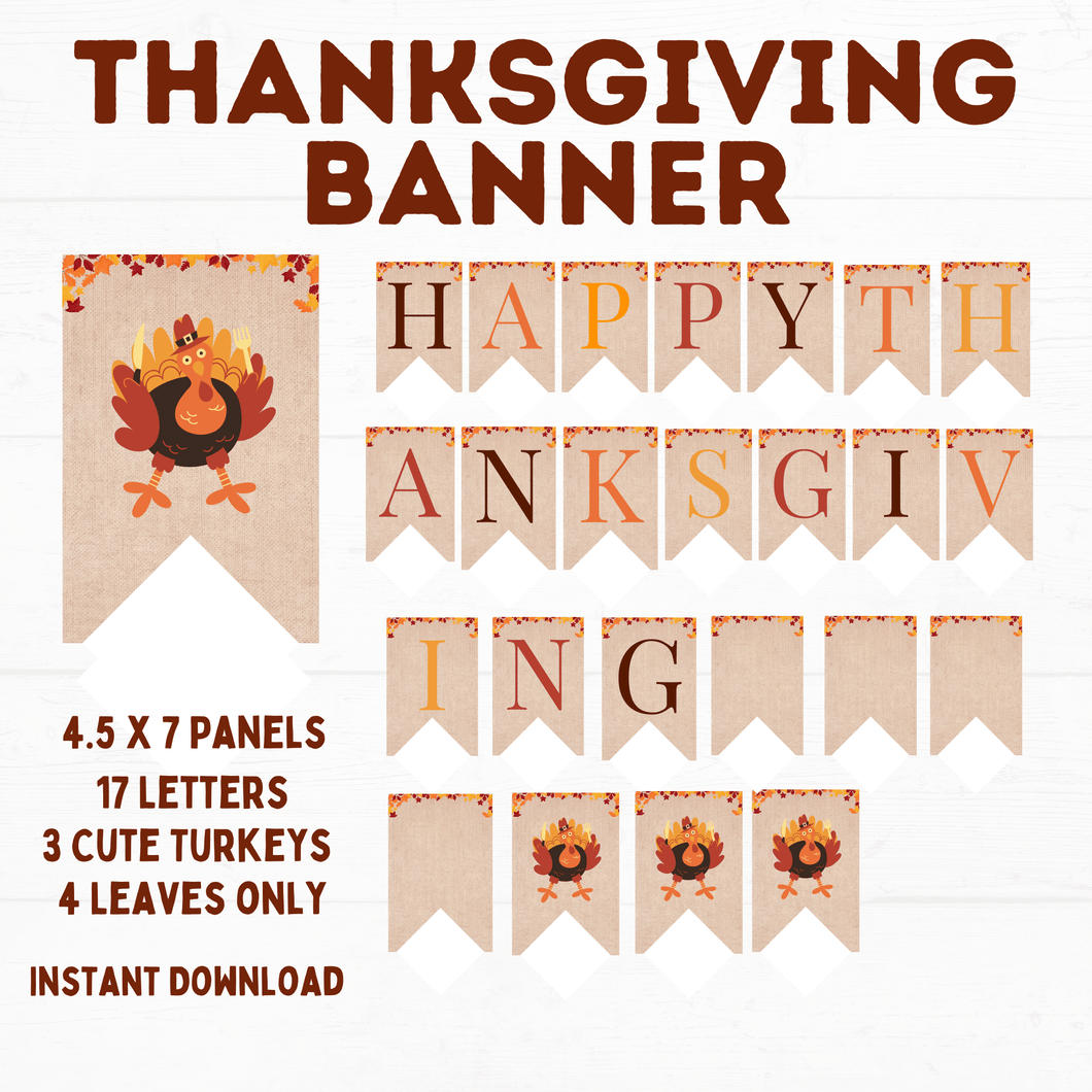 Happy Thanksgiving Banner Printable | Thanksgiving Banner File | Fall Banner | Fall Decor | Thanksgiving Garland | PDF Printable Banner