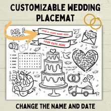 Load image into Gallery viewer, Customizable Wedding Placemat for Kids and Family | Wedding Activity Page | Wedding Placemat | Engagement Activity | Kids Activity |
