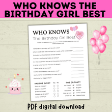 Load image into Gallery viewer, Birthday Girl Trivia Game | Birthday Girl Game | Birthday | Kids Printables | Birthday Printable | Who Knows Them Best

