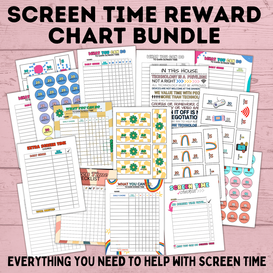Screen Time Reward Chart Bundle | Kids Chore Chart | Kids Checklist | Chart for Kids | Technology Chart | Screen Time Bucks | Earn Screen