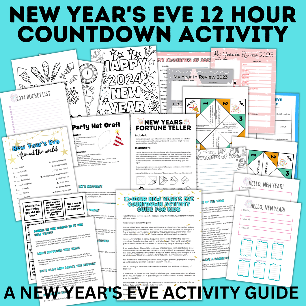 New Year's Eve 12-Hour Countdown Activity for Kids | NYE Games | Kids Games | NYE Printables