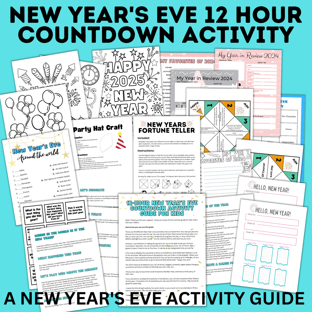 New Year's Eve 12-Hour Countdown Activity for Kids | NYE Games | Kids Games | NYE Printables