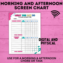 Load image into Gallery viewer, Morning and Afternoon Screen Time Reward Chart for Kids | Chore Chart for Kids | Screen Time Checklist | TV Time | Kids Chart | Computer
