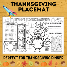 Load image into Gallery viewer, Thanksgiving Place Mat for Kids 8.5 x 14 Size | Kids Activity Sheet | Thanksgiving Activity Sheet | Thanksgiving Games | PDF download
