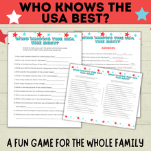 Load image into Gallery viewer, USA Trivia | 4th of July Game | Who Knows the USA Best? | USA Game | Kids Game | Party Game | History Game | 4th of July Trivia | History
