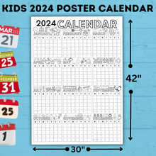 Load image into Gallery viewer, 2024 Yearly Calendar Poster for Kids | Wall Calendar | Kids Calendar Poster | Kids Poster | Kids Calendar | Year at a Glance | Digital
