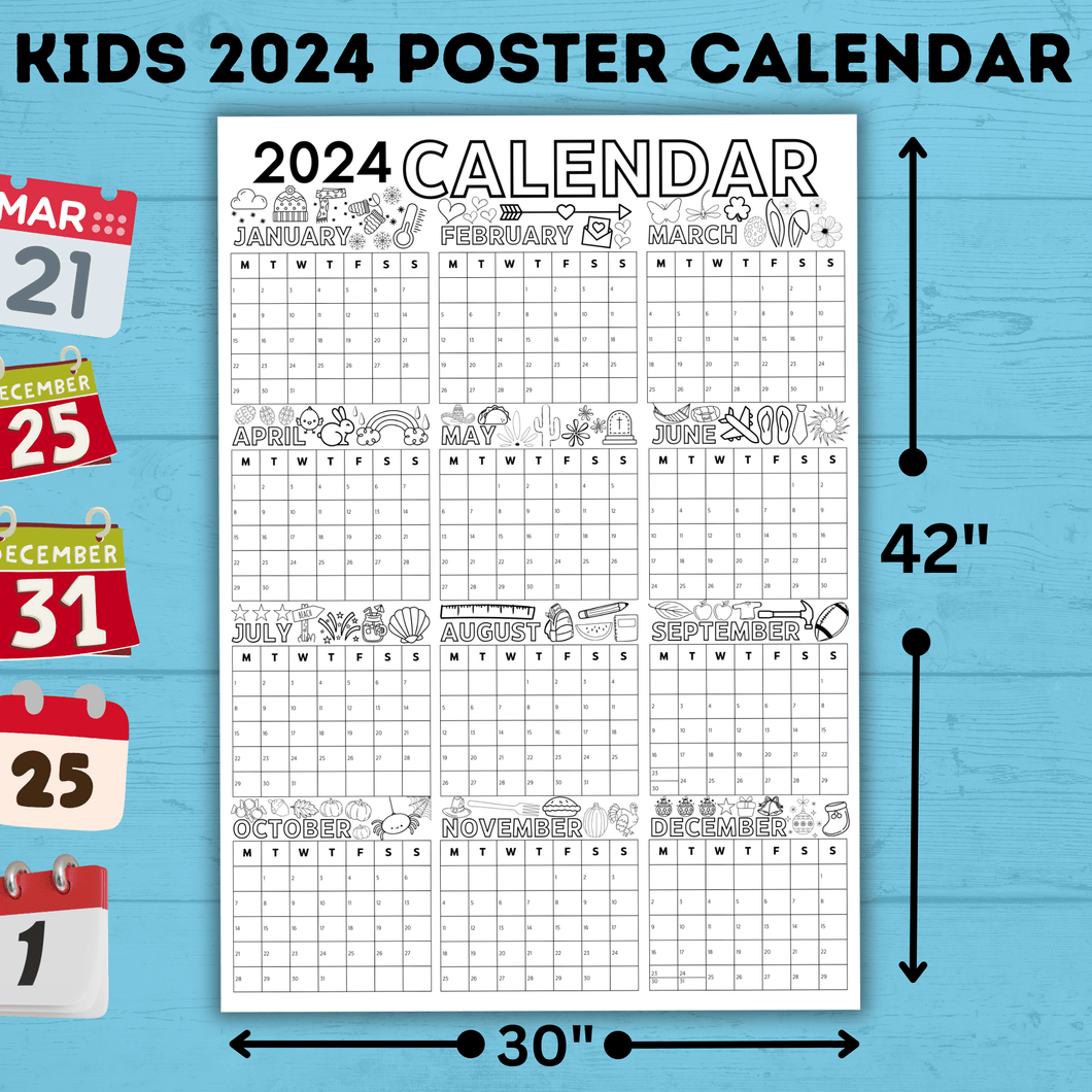 2024 Yearly Calendar Poster for Kids | Wall Calendar | Kids Calendar Poster | Kids Poster | Kids Calendar | Year at a Glance | Digital