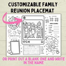 Load image into Gallery viewer, Family Reunion Activity Sheet | Family Reunion Placemat | Family Activity | Family Game | Customizable placemat | Kids Activity Sheet
