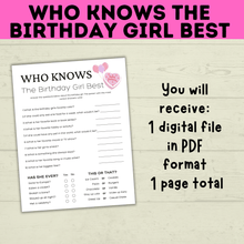 Load image into Gallery viewer, Birthday Girl Trivia Game | Birthday Girl Game | Birthday | Kids Printables | Birthday Printable | Who Knows Them Best
