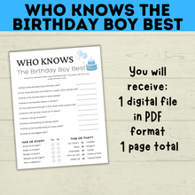 Load image into Gallery viewer, Birthday Boy Trivia Game for Kids | Birthday Trivia | Who Knows Who Best Game | Party Game | Birthday Party Game | Boy Birthday

