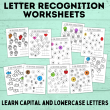 Load image into Gallery viewer, Letter Recognition Worksheets for Preschoolers and Toddlers | Toddler Worksheets | Preschool Worksheets | ABC activities | PDF download
