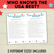 Load image into Gallery viewer, USA Trivia | 4th of July Game | Who Knows the USA Best? | USA Game | Kids Game | Party Game | History Game | 4th of July Trivia | History
