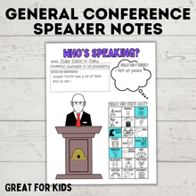 Load image into Gallery viewer, General Conference Speaker Notes for Kids | General Conference Activity Pages | Kids Activity Pages | PDF Download | Conference Printables
