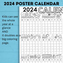 Load image into Gallery viewer, 2024 Yearly Calendar Poster for Kids | Wall Calendar | Kids Calendar Poster | Kids Poster | Kids Calendar | Year at a Glance | Digital
