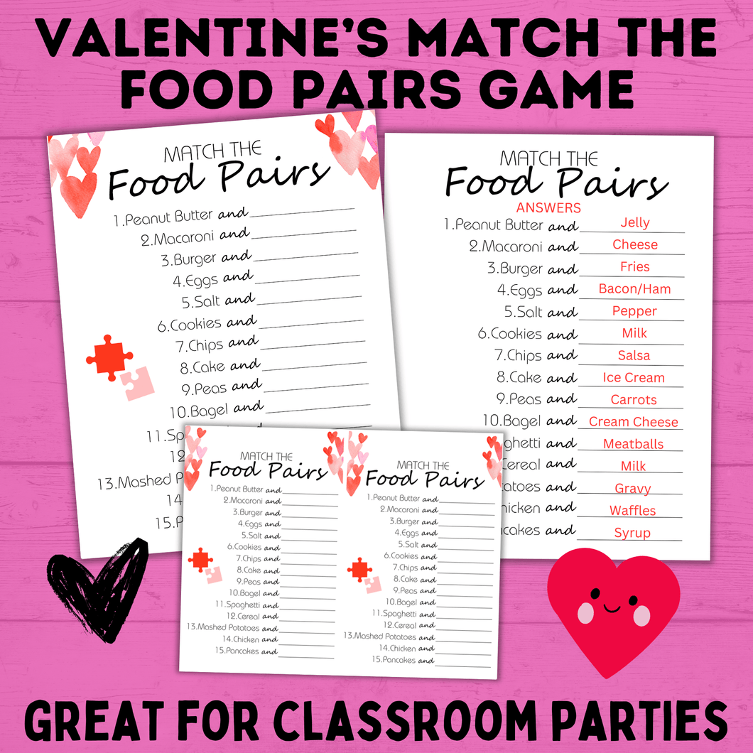 Valentine's Day Games | Valentine's Day Match Game | Food Pairs Game | Classroom Party Game | Valentine's Day Party | Kids Printables