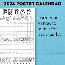 Load image into Gallery viewer, 2024 Yearly Calendar Poster for Kids | Wall Calendar | Kids Calendar Poster | Kids Poster | Kids Calendar | Year at a Glance | Digital
