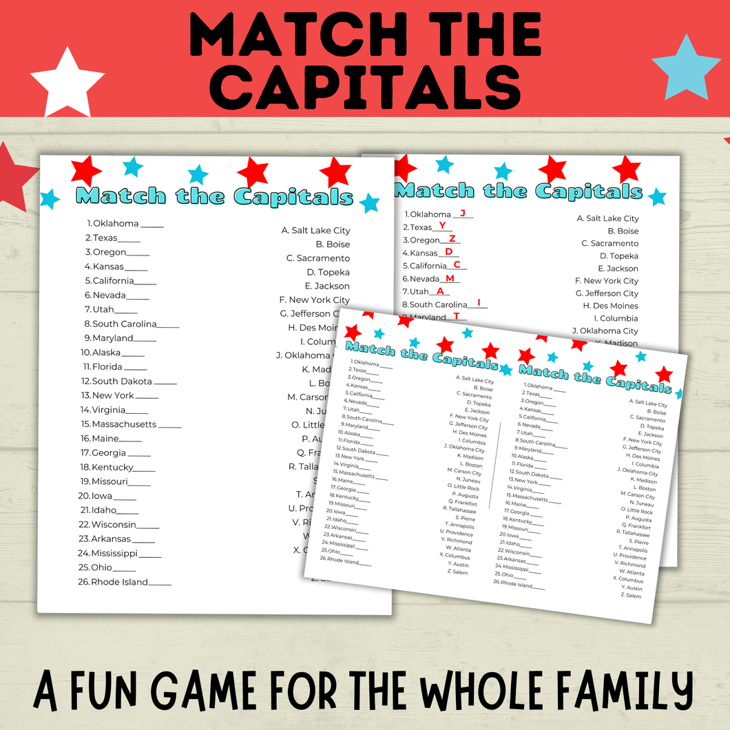 Match the Capitals Game | Party Game | History Game | 4th of July Game | Capital's Game | Geography Game | PDF digital download