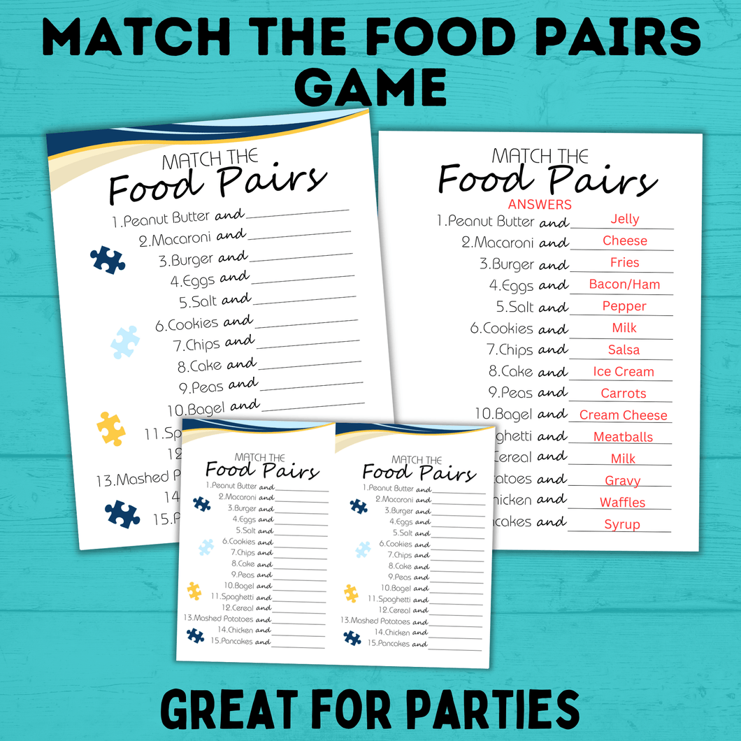 Food Pairs Game | Match the Food Pairs | Kids Games | Kids Activities | Party Games | Kids Printables | Birthday Party Game