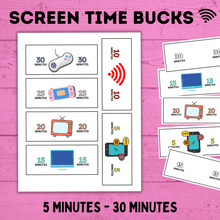 Load image into Gallery viewer, Screen Time Bucks for Kids and Moms | Earn Screen Time | Screen Time Chart | Screen Time Money | Screen Time Cash | TV Bucks | Technology
