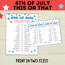 Load image into Gallery viewer, 4th of July Game | 4th of July This or That | 4th of July Party Game | Kids Games | Family Games | Independence Day | 4th of July Printable
