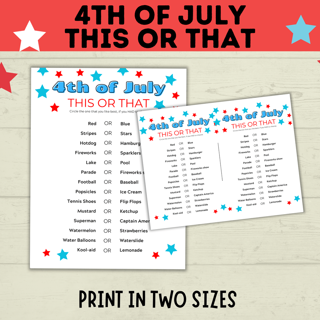 4th of July Game | 4th of July This or That | 4th of July Party Game | Kids Games | Family Games | Independence Day | 4th of July Printable