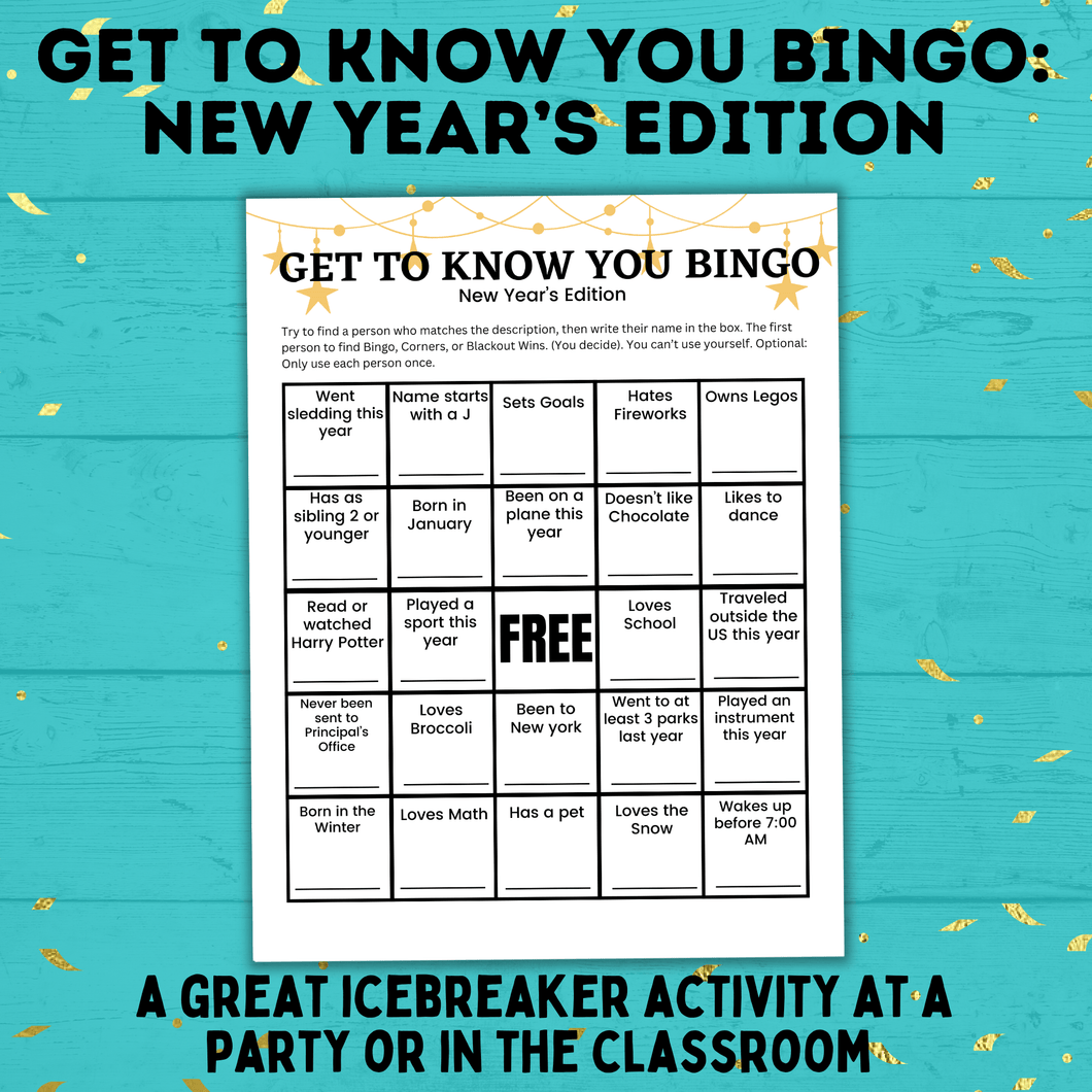 Kid's Bingo | New Year's Eve Bingo | Bingo for Kids | Get to Know you Bingo | Kids Games | New Year's Eve games | Party Games | NYE