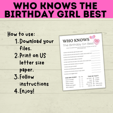 Load image into Gallery viewer, Birthday Girl Trivia Game | Birthday Girl Game | Birthday | Kids Printables | Birthday Printable | Who Knows Them Best
