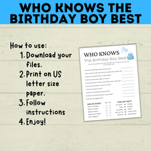 Load image into Gallery viewer, Birthday Boy Trivia Game for Kids | Birthday Trivia | Who Knows Who Best Game | Party Game | Birthday Party Game | Boy Birthday
