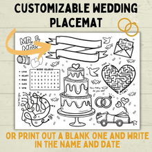 Load image into Gallery viewer, Customizable Wedding Placemat for Kids and Family | Wedding Activity Page | Wedding Placemat | Engagement Activity | Kids Activity |
