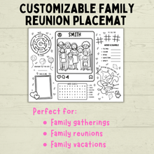 Load image into Gallery viewer, Family Reunion Activity Sheet | Family Reunion Placemat | Family Activity | Family Game | Customizable placemat | Kids Activity Sheet
